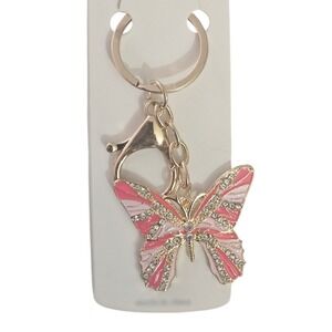 Butterfly Keychain Pink White Rhinestone Enamel Gold Tone Charm Bag